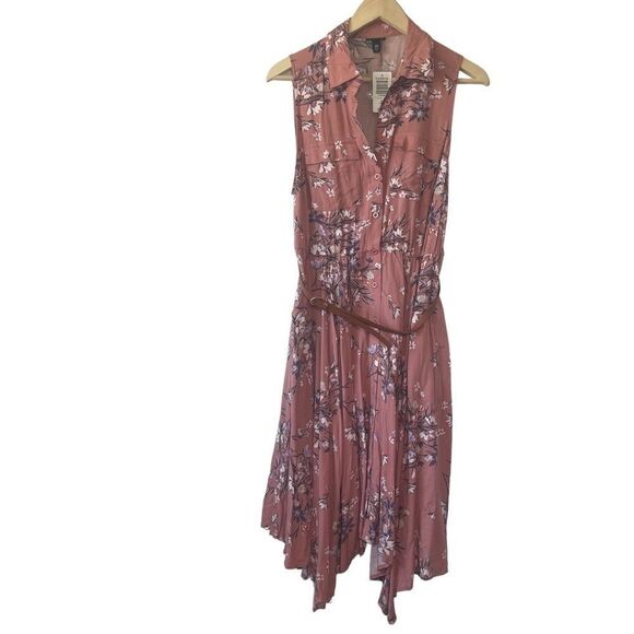Torrid Pink Floral Print Asymmetrical Hem Belted Button Down Dress Sz 00 - Picture 3 of 9